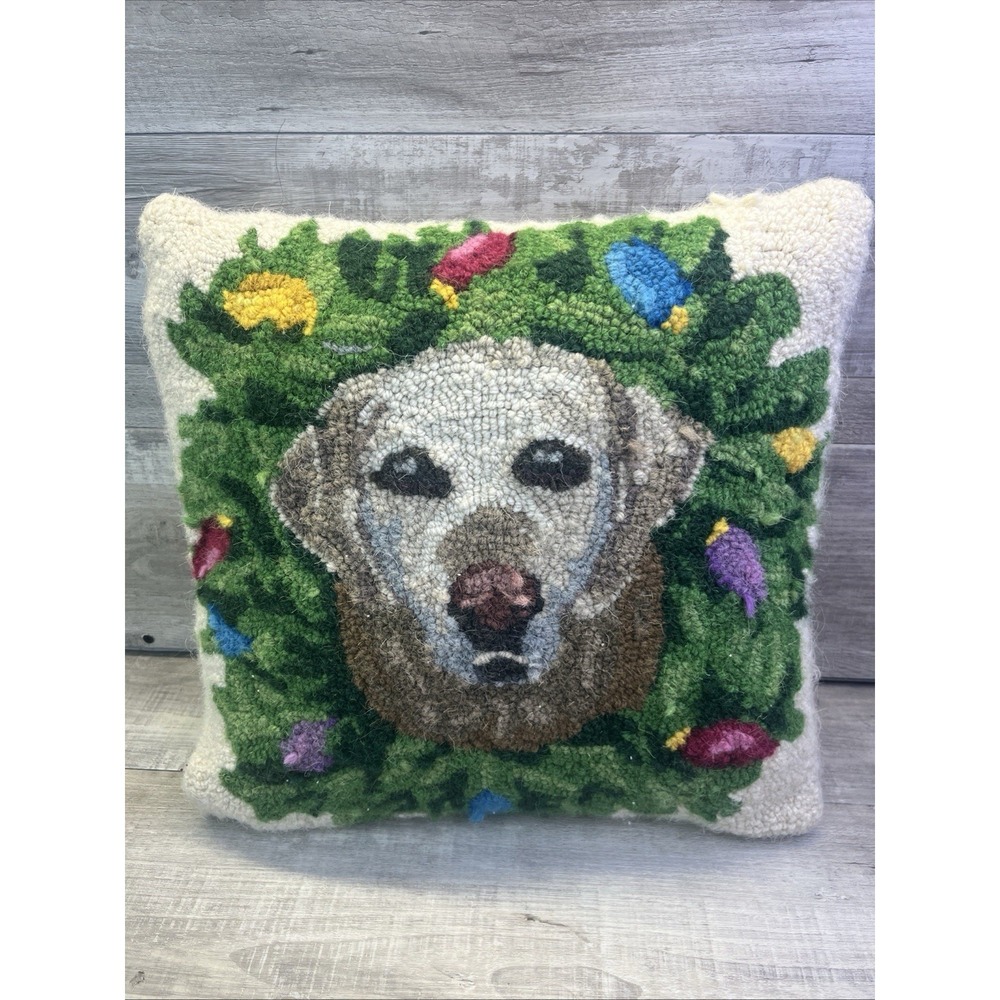 Golden Retriever Dog Wool Hand Hook Pillow Beige Velvet Back 16 X 16